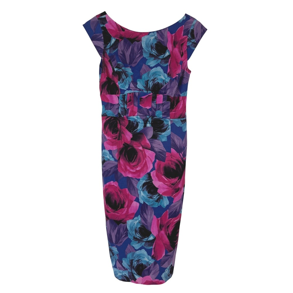 VTG! Karen Millen Floral Rose Blue Pink Cap Sleeve Pencil Sheath Dress US 8